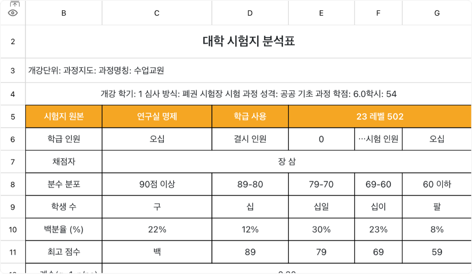 대학 시험지 분석표